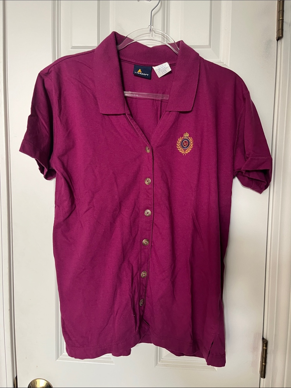 Vintage!! Women's Button-Front Polo Style Blouse in Deep Magenta with Crest